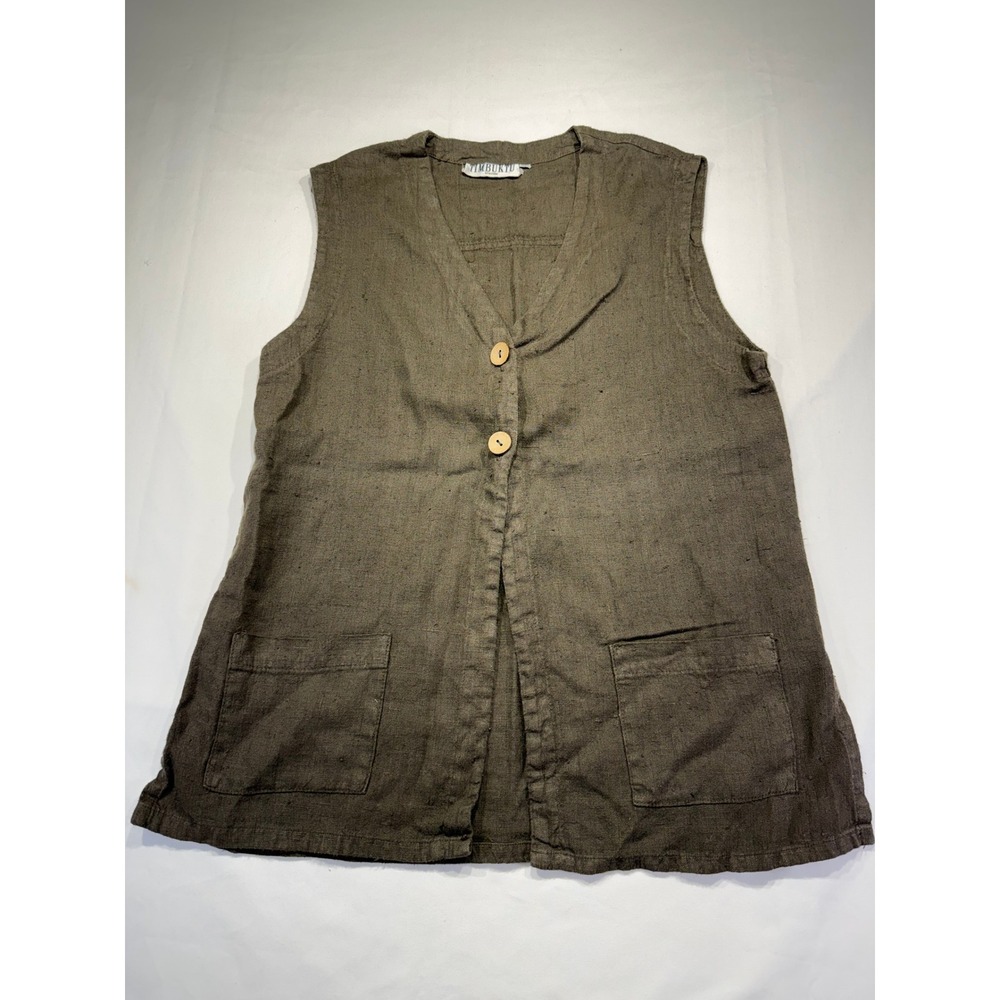 Boho Minimal Women 100% Linen Vest Olive Green Wood Button Made USA Granola